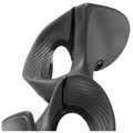 Close-up of an abstract black sculpture with smooth curves and wavy lines, echoing the interlocking design found in the Golf-Grip Training Aid by Golf-Grip, a device for achieving a consistent golf swing.