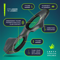 The Golf-Grip Training Aid by Golf-Grip, shown in black with green highlights and feature text, has ergonomic thumb pockets, markers, alignment guides, fits junior to jumbo+ sizes, and offers a left-handed version for a consistent swing.