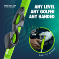 A black Golf-Grip Training Aid by Golf-Grip clips onto a bright green club grip. Text reads: "Any level, any golfer, any handed" and "Easy to attach." A gloved hand snaps it on for a more consistent swing.