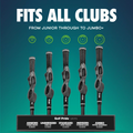 Five golf club grips in sizes Junior, Undersized, Standard, Midsized, and Jumbo are displayed. The Golf-Grip Training Aid by Golf-Grip fits all clubs from junior to jumbo+ and helps improve your swing.