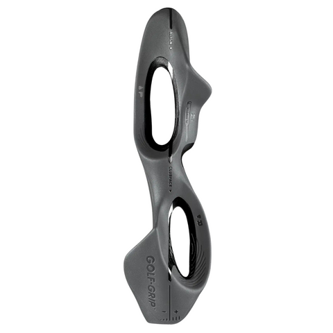 The Golf-Grip Training Aid by Golf-Grip is a black, ergonomically shaped tool with large holes and labeled markings, designed to help users achieve correct hand positioning for a consistent golf swing.