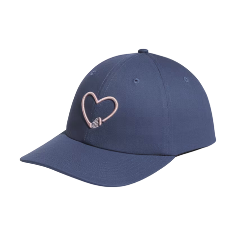 Blue Adidas Golf Love hat with a light pink embroidered heart design, featuring a golf tee forming the heart’s base. Simple and minimalistic style.









