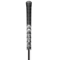Close-up of a black and white Golf Pride Multi Compound Cord Grip | Midsize, attached to a metal shaft, centered vertically against a plain gray background.