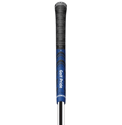 A close-up of the Golf Pride Multi Compound Cord Grip | Midsize, a black midsize golf grip with textured patterns, blue accent labeled Golf Pride in white text, and a silver shaft. Brand: Golf Pride.