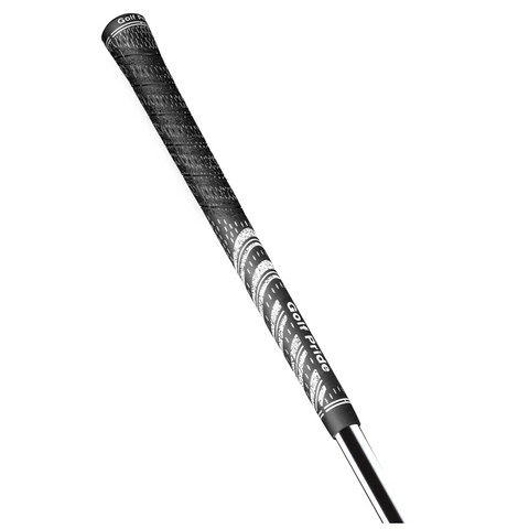 A close-up of a Golf Pride New Decade MultiCompound Golf Grip in black and white, featuring the Golf Pride logo, attached to a silver golf club shaft against a white background.