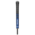 A close-up of the Golf Pride New Decade MultiCompound Golf Grip shows its black textured material, blue accent, and white Golf Pride logo—delivering all-weather performance from the trusted brand, Golf Pride.