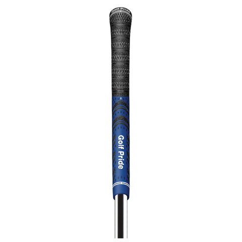 A close-up of the Golf Pride New Decade MultiCompound Golf Grip shows its black textured material, blue accent, and white Golf Pride logo—delivering all-weather performance from the trusted brand, Golf Pride.