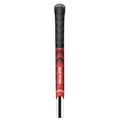 A Golf Pride New Decade MultiCompound Golf Grip in black and red, featuring textured patterns for all-weather use and a white vertically printed Golf Pride logo.