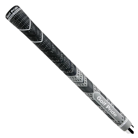 A close-up of a black and gray Golf Pride Multicompound Plus 4 hybrid grip with textured patterns, brushed cotton cord technology, and the Golf Pride logo in white near the end.