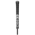 Close-up of a black and white Golf Pride New Decade MultiCompound Golf Grip, highlighting its textured pattern and the Golf Pride logo in white text on this all-weather grip.