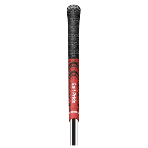 A Golf Pride New Decade MultiCompound Golf Grip in black and red, featuring textured patterns for all-weather use and a white vertically printed Golf Pride logo.