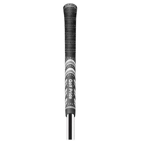 Close-up of a black and white Golf Pride New Decade MultiCompound Golf Grip, highlighting its textured pattern and the Golf Pride logo in white text on this all-weather grip.