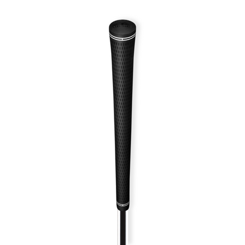 A close-up of the Golf Pride Tour Ribbed Grip | Standard | Black by Golf Pride, featuring a subtle dotted texture and thin white bands for consistent hand placement, shown against a plain white background.