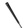 A close-up of the Golf Pride Tour Ribbed Grip | Standard | Black by Golf Pride shows its black, textured handle with silver accents for consistent hand placement, set against a white background.