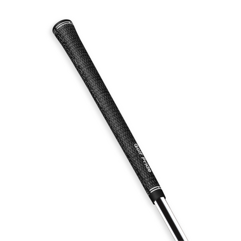 A close-up of the Golf Pride Tour Velvet Cord Grip | Standard | Black shows its textured black surface, "Golf Pride" in white, and silver shaft, highlighting all-weather control and tour-level feel against a white background.
