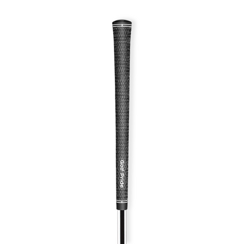 Close-up of a Golf Pride Tour Velvet Cord Grip | Standard | Black with the Golf Pride logo near the end, showcasing its textured design for tour-level feel and all-weather control against a plain white background.