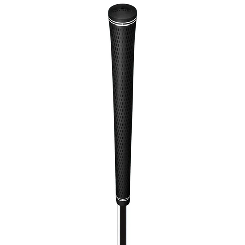 A close-up of the grip end of a black Golf Pride Tour Velvet Undersize Golf Grip, showing its textured dotted pattern for enhanced hold and two white stripes near the top. Brand: Golf Pride.