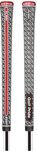 Two Golf Pride Z Grip Align Midsize golf grips, featuring a black, white, and red geometric pattern. One showcases a red ALIGN strip for hand placement; both display the Golf Pride brand near the top.
