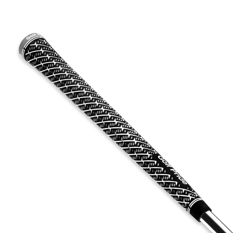 A close-up of the Golf Pride Z Grip Plus 2 Standard Golf Grip in black and white shows its textured pattern and Golf Pride branding for enhanced control, fitted on a club shaft against a white background.