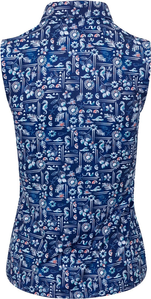 Greg Norman Coastal Montage women's sleeveless golf polo in Marina back view