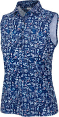 Greg Norman Coastal Montage women's sleeveless golf polo in Marina full front view