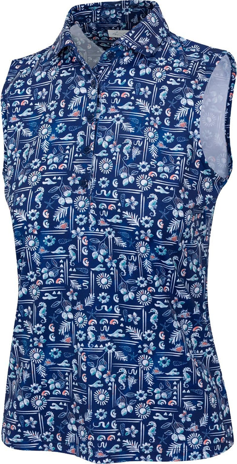 Greg Norman Coastal Montage women's sleeveless golf polo in Marina full front view