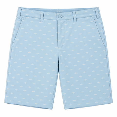 Greg Norman G7S23H908 men's shark-print golf shorts in Misty Blue