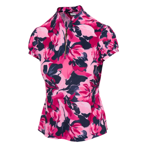 Front view of Greg Norman Women’s Genevieve Short Sleeve Polo, bold floral print in shades of pink, fuchsia, and dark navy, zippered placket, short gathered sleeves, vibrant design for performance wear.