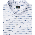 Close-up of Greg Norman Golf Club Stripe polo blue golf club print