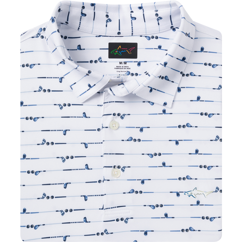 Close-up of Greg Norman Golf Club Stripe polo blue golf club print