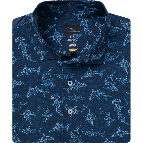 Greg Norman Mana Mano Men's Golf Polo in Navy - collar and fabric detail