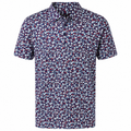 Greg Norman men's navy golf polo with dense red, white and pale-blue abstract floral print, front view