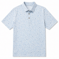 Greg Norman men's golf polo with pale blue and white abstract print and small navy motifs, front view