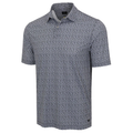 Greg Norman Men’s Great White Mosaic Ultra Stretch Polo in Black/White features a small abstract pattern, three-button neckline, relaxed fit, and moisture-wicking fabric.