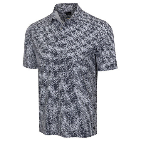 Greg Norman Men’s Great White Mosaic Ultra Stretch Polo in Black/White features a small abstract pattern, three-button neckline, relaxed fit, and moisture-wicking fabric.