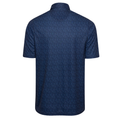 The image shows the back of the Greg Norman Men's ML75 Club House Print Polo in navy—a short-sleeve, moisture-wicking golf shirt with a subtle light blue geometric pattern, hip-length, and crafted with ML75 recycled fabric.