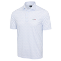 Greg Norman Men's ML75 Club House Print Polo in white features short sleeves, a subtle geometric pattern, buttoned collar, and a small colorful logo on the left chest. Ideal for golf. Shown on a plain white background.