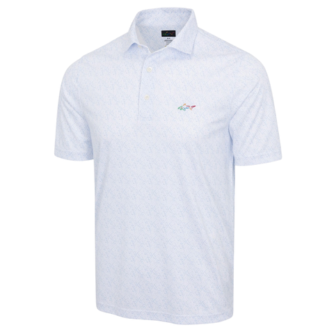 Greg Norman Men's ML75 Club House Print Polo in white features short sleeves, a subtle geometric pattern, buttoned collar, and a small colorful logo on the left chest. Ideal for golf. Shown on a plain white background.