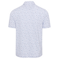 Back view of men's Greg Norman golf polo, white with scattered navy and light blue chip pattern, moisture-wicking fabric, short sleeves, standard collar.