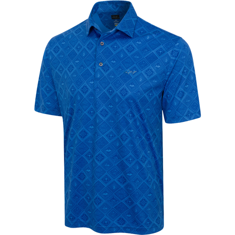 The Greg Norman Men’s ML75 Golf Tiles Polo in deep blue features a subtle geometric diamond pattern, short sleeves, a buttoned collar, and PlayDry moisture-wicking technology for all-day comfort.