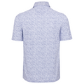 The Greg Norman Men's ML75 Graffiti Fin Stripe Mesh Polo in White/Blue features a subtle wavy pattern, mesh performance fabric, collar, straight hem, and short sleeves for breathable comfort. Shown from the back.