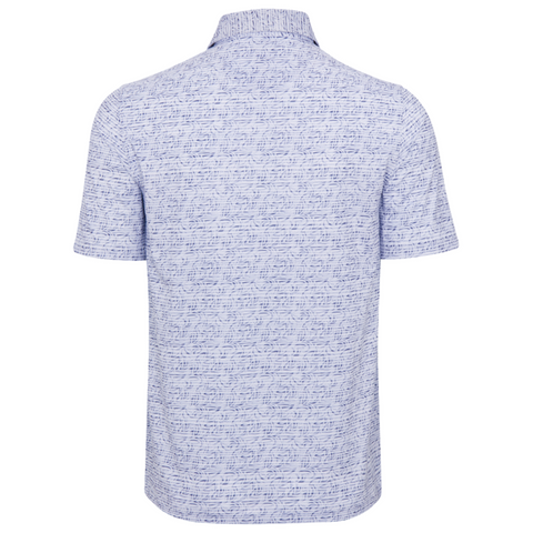 The Greg Norman Men's ML75 Graffiti Fin Stripe Mesh Polo in White/Blue features a subtle wavy pattern, mesh performance fabric, collar, straight hem, and short sleeves for breathable comfort. Shown from the back.