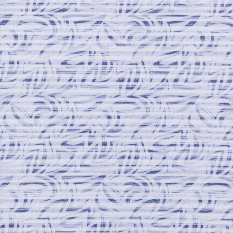 The Greg Norman Men's ML75 Graffiti Fin Stripe Mesh Polo in White/Blue features abstract blue curved and straight lines on a white background, forming circular and linear shapes with a textured, woven performance mesh style.