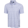 The Greg Norman Men's ML75 Graffiti Fin Stripe Mesh Polo in White/Blue features performance mesh fabric, a subtle abstract line pattern, button-up collar, and relaxed fit.
