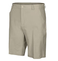 The Greg Norman Mens ML75 Microlux Stretch Shorts Bamboo are beige, knee-length golf shorts with belt loops, front button, stretch waistband, zipper fly, and side pockets, shown on a plain white background.