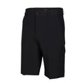 Greg Norman Men's ML75 Microlux Stretch Shorts in black feature knee-length design, side pockets, belt loops, button closure, and moisture-wicking fabric. Displayed against a white background.