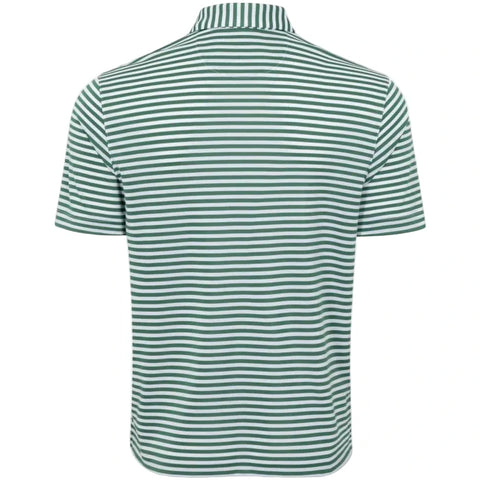 The Greg Norman Men’s ML75 Recycled Microlux Yarn-Dye Stripe Polo in Birdie Green/White offers moisture-wicking comfort, short sleeves, a smart collar.