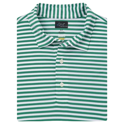 The Greg Norman Men’s ML75 Recycled Microlux Yarn-Dye Stripe Polo in Birdie Green/White features eco-friendly fabric, a collared neckline, and three white buttons, shown neatly folded on a plain white background.
