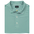 The Greg Norman Men’s ML75 Recycled Microlux Yarn-Dye Stripe Polo in Birdie Green/White features eco-friendly fabric, a collared neckline, and three white buttons, shown neatly folded on a plain white background.