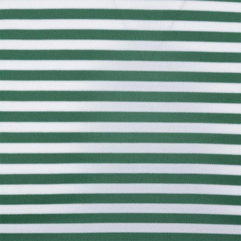 The Greg Norman Men’s ML75 Recycled Microlux Yarn-Dye Stripe Polo in Birdie Green/White features equal-width green and white stripes, delivering comfort and sustainability in an eco-friendly golf shirt.